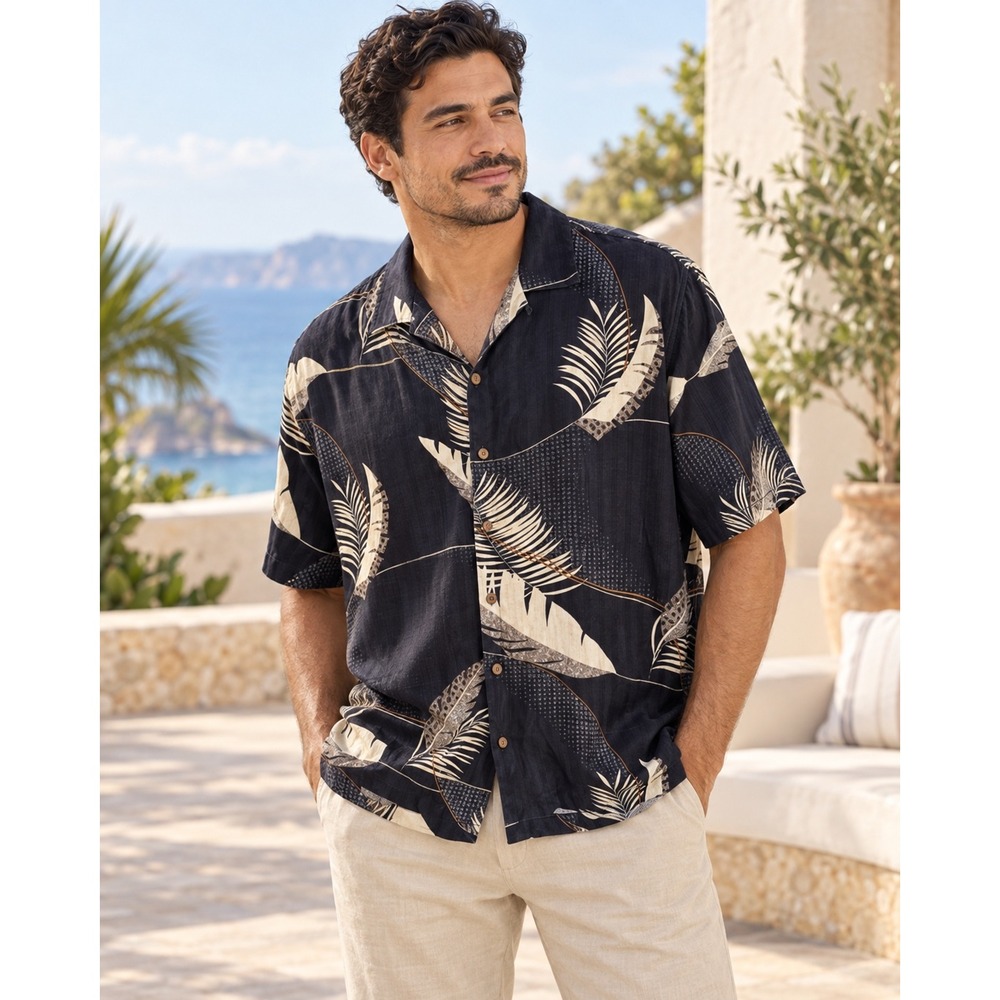 Tommy Bahama Men's Large Vintage Silk Tropical Leaf Hawaiian Camp Shirt